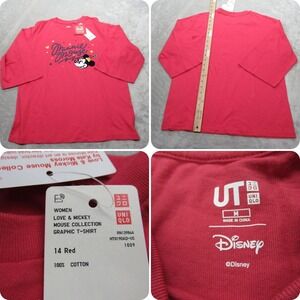 Uniqlo x Disney Shirt Women Medium Pink Crewneck Love & Mickey Mouse Graphic NEW